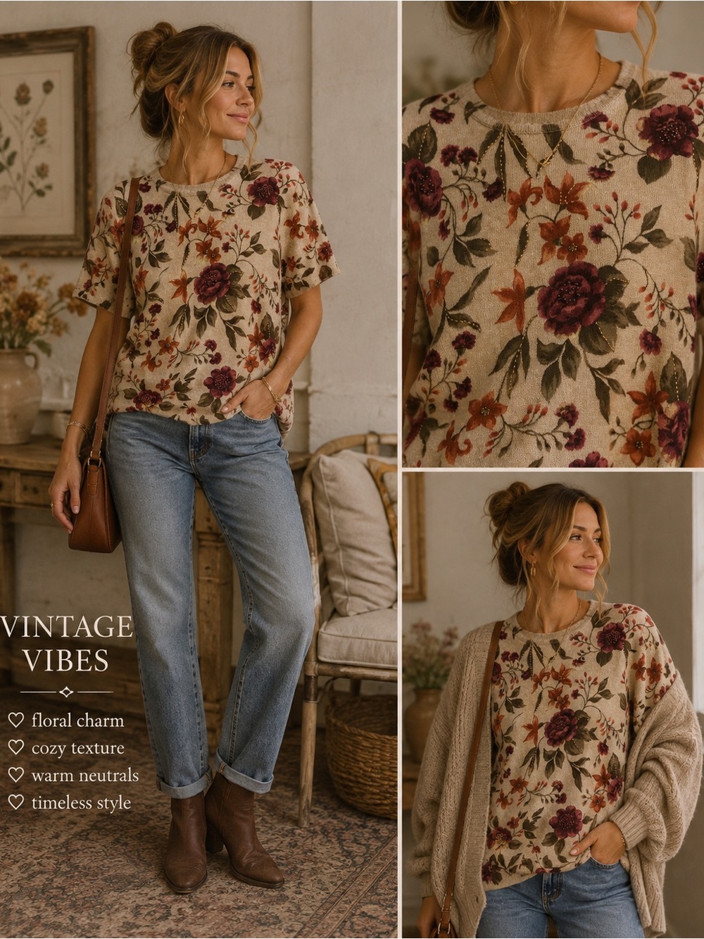 Vintage Short Sleeve Fall Sweater Cream Knit with Burgundy & Olive Floral Print